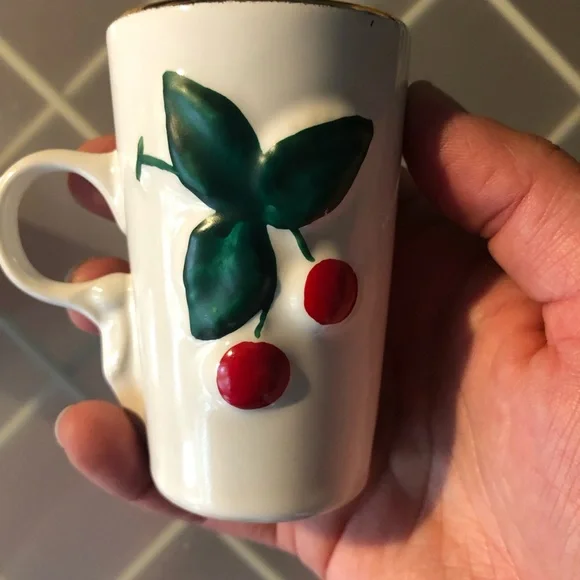 Two Red Cherry Motif Tall Espresso Mugs Cups, Ceramic - Picture 8 of 11